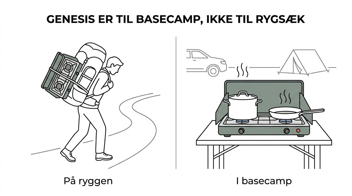 Side-by-side sammenligning af Jetboil Genesis i et bilcamp-køkken og en vandrer med et lille let gasblus.