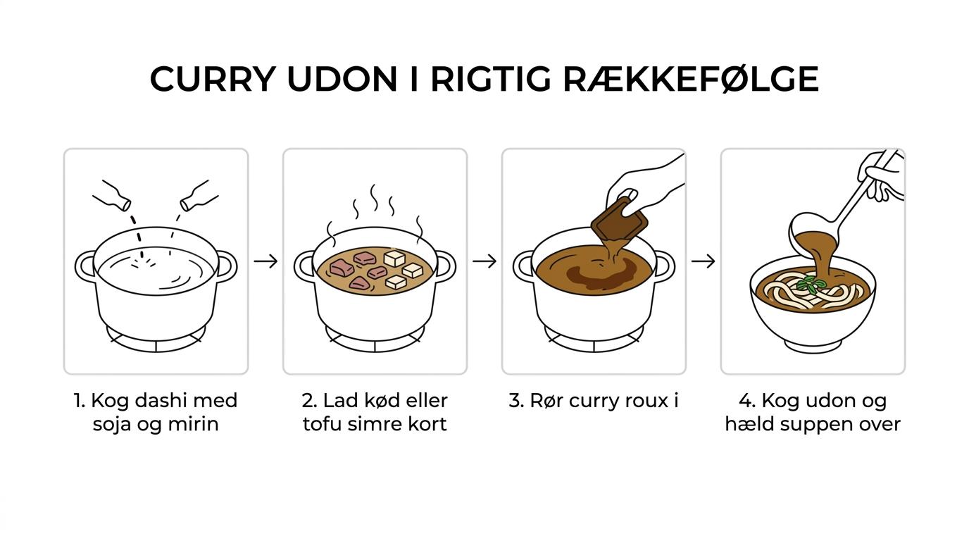 Trinvis visning af curry udon: dashi og krydring i gryden, curry roux opløses, udon koges separat, og den tykke karrysuppe hældes over nudler med toppings.