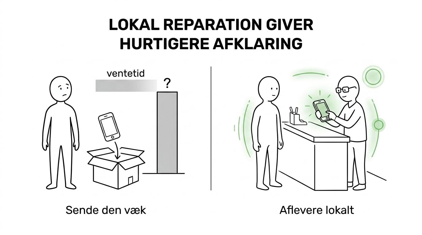 Sammenligning mellem en kunde, der afleverer en iPhone direkte i et lokalt værksted, og en iPhone pakket til indsendelse med ventetid.