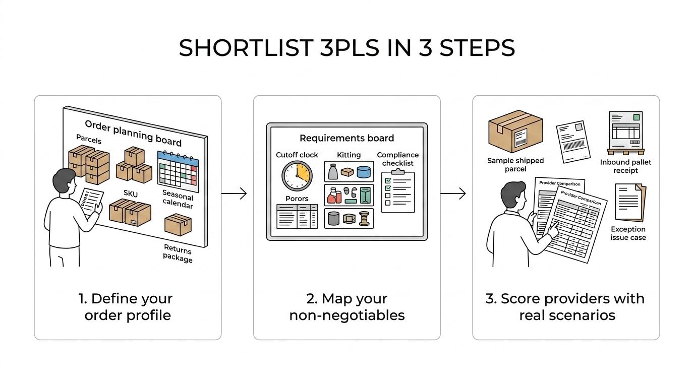 Three-step process showing how to shortlist a California 3PL by defining the order profile, mapping non-negotiables, and scoring providers with real scenarios.
