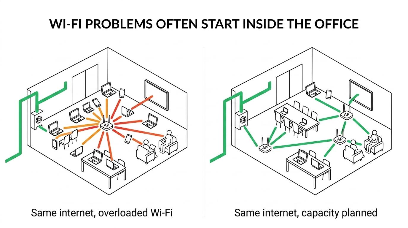 Side-by-side office network comparison showing a healthy internet connection on one side and congested in-building Wi-Fi with overloaded access points, crowded devices, and unstable calls on the other.