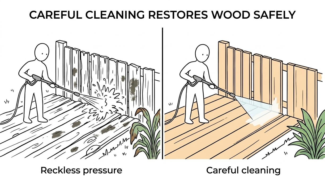 Side-by-side view of a wood deck and fence before cleaning with dark algae and grime, and after cleaning with brighter, cleaner wood.
