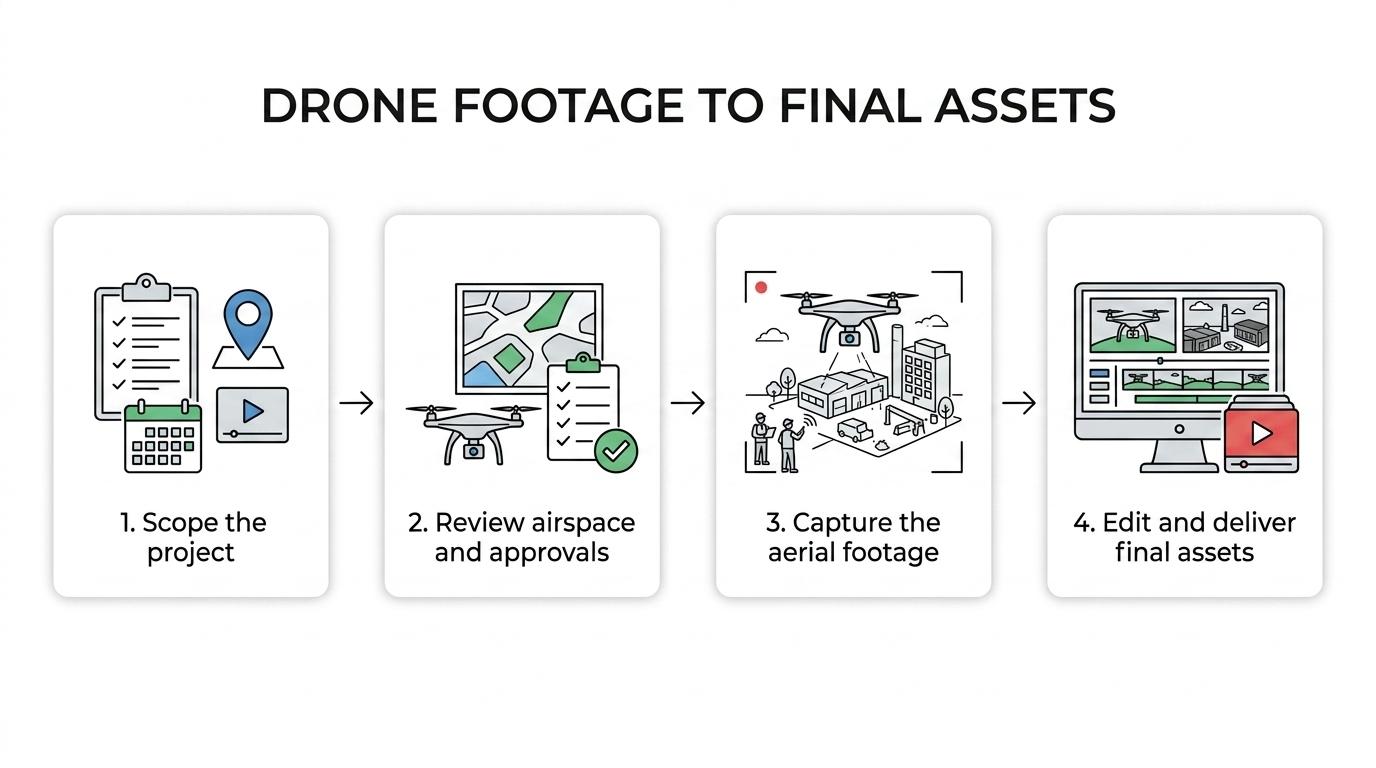 Four-step drone videography workflow showing project scoping, compliance review, filming, and post-production delivery.