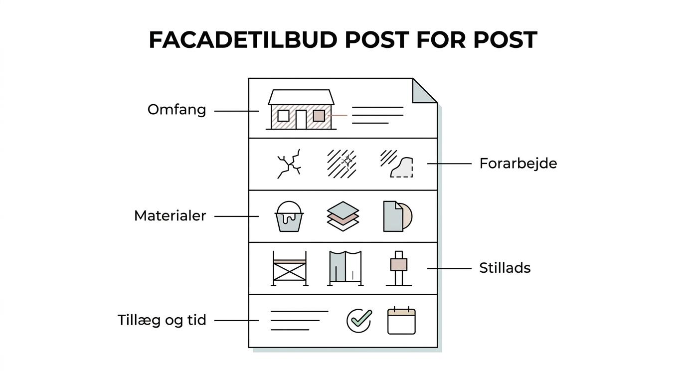 Et facaderenoveringstilbud vist som et dokument med seks markerede dele: omfang, forarbejde, materialer, stillads, tillæg og tidsramme.