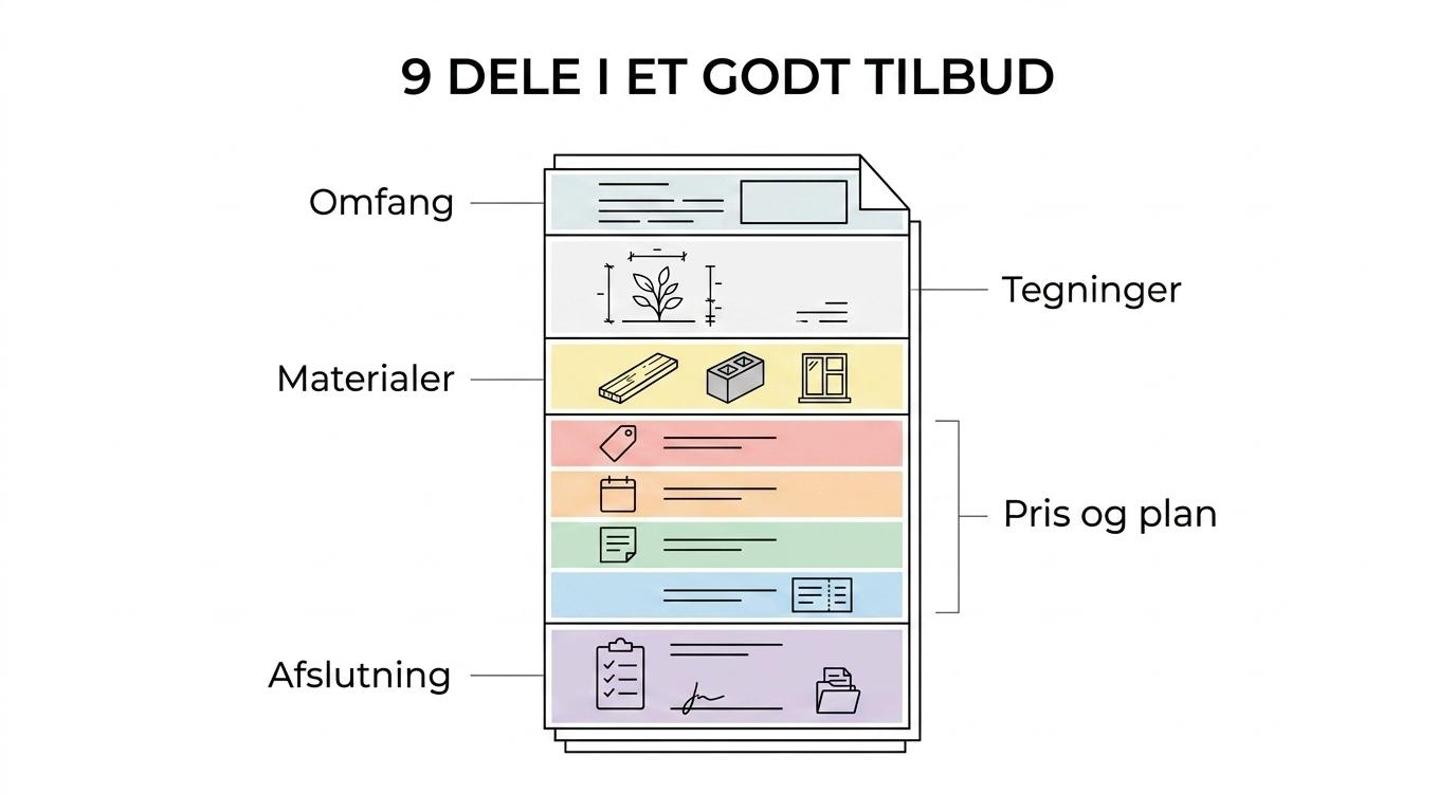 Et tilbudsdokument for en tilbygning med ni tydeligt markerede felter for omfang, tegninger, materialer, pris, tidsplan, ændringer, betaling, aflevering og dokumentation.