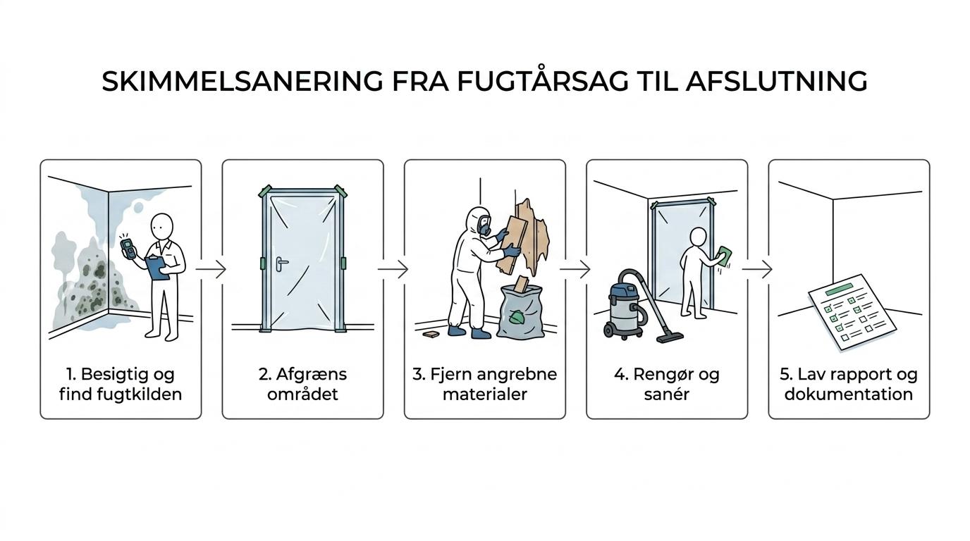Procesgrafik med fem trin i skimmelsanering: besigtigelse, afgrænsning, fjernelse, rengøring og rapport.