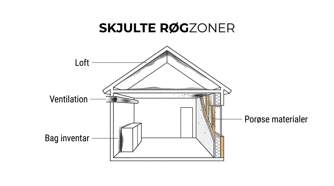 Tværsnit af en bolig med markeringer af røgpartikler i loft, ventilation, vægge, tekstiler og bag inventar.