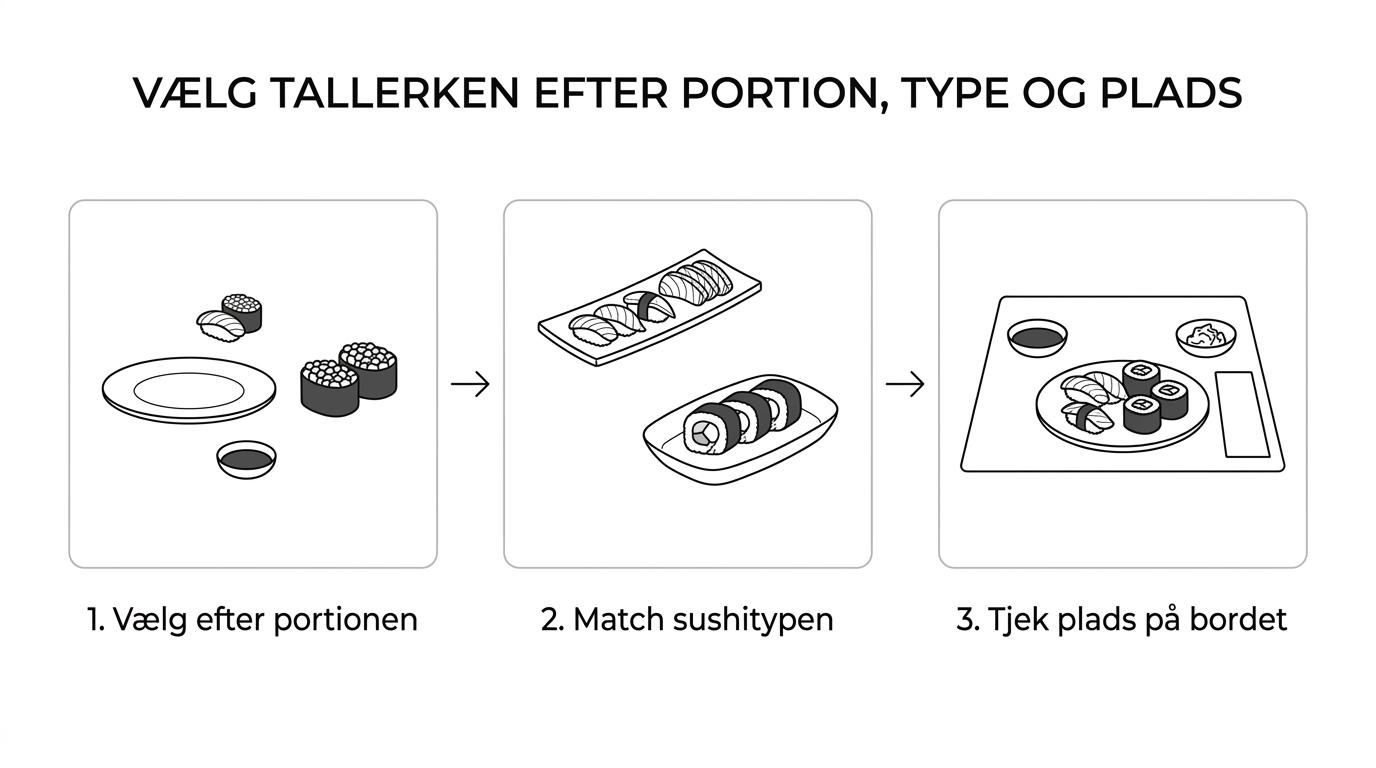 Flowchart, der viser valg af sushi tallerken ud fra portionsstørrelse, sushitype og resten af borddækningen.