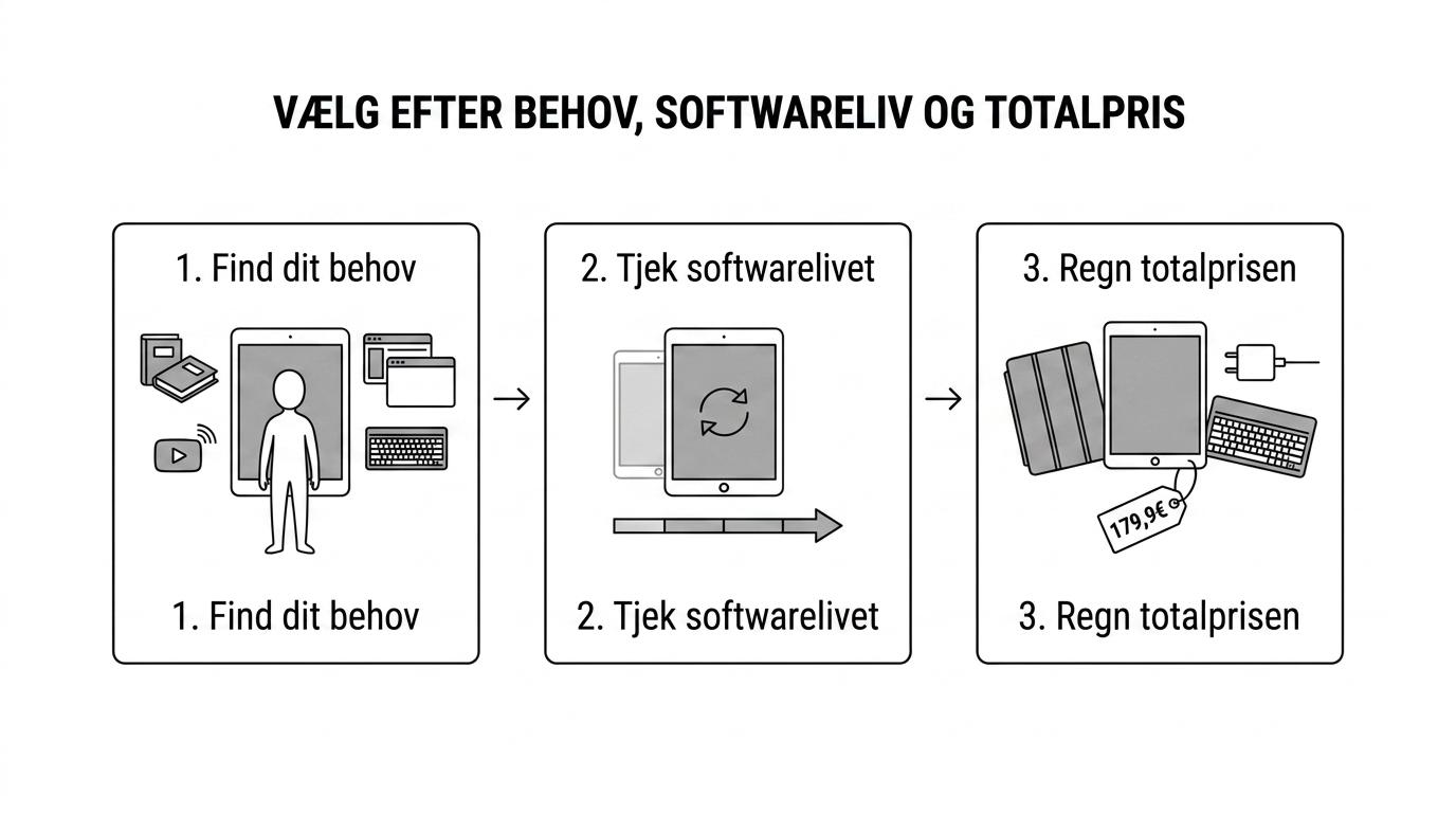 Tretrinsdiagram for valg af refurbished iPad med behov, softwarehorisont og totalpris.