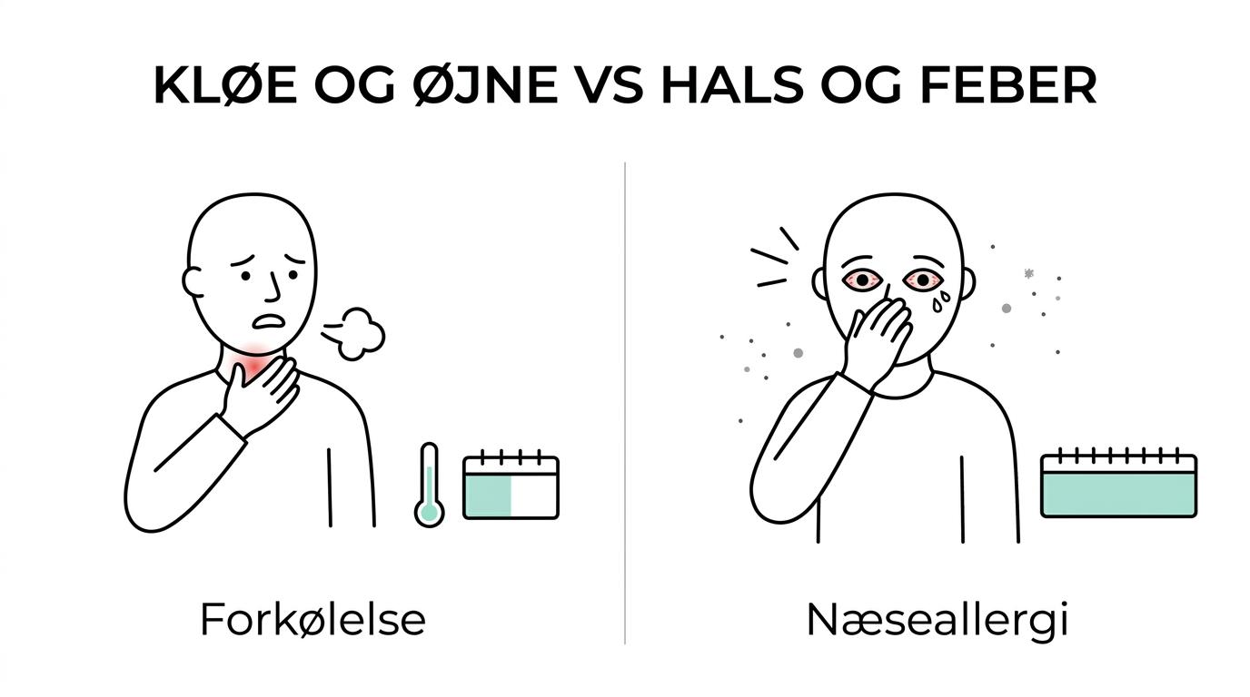 5 forskelle på næseallergi og forkølelse i hverdagen 1 Side-by-side oversigt over næseallergi og forkølelse med forskelle i kløe, øjne, hals, feber, varighed og typiske udløsere.