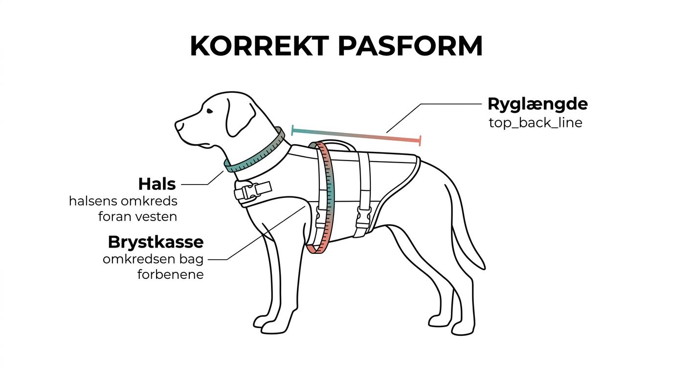 En hund i redningsvest med markeringer ved brystkasse, hals og ryglængde for korrekt pasform.