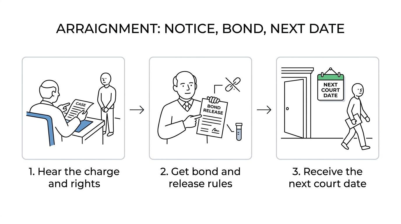 Flow showing a Michigan criminal case moving from arrest or warrant to arraignment, then to charges and rights, bond conditions, and the next court date.
