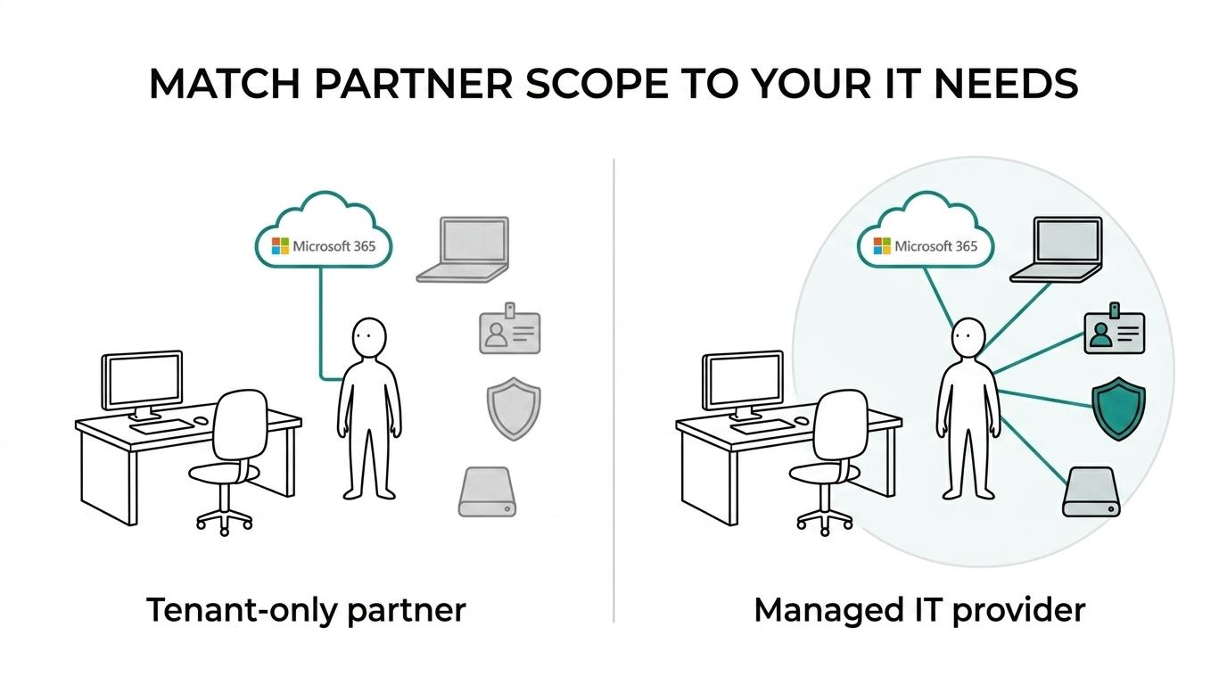 Side-by-side comparison of a reseller, a Microsoft 365 support partner, and a managed IT provider across licensing, tenant support, security, endpoints, and ongoing administration.