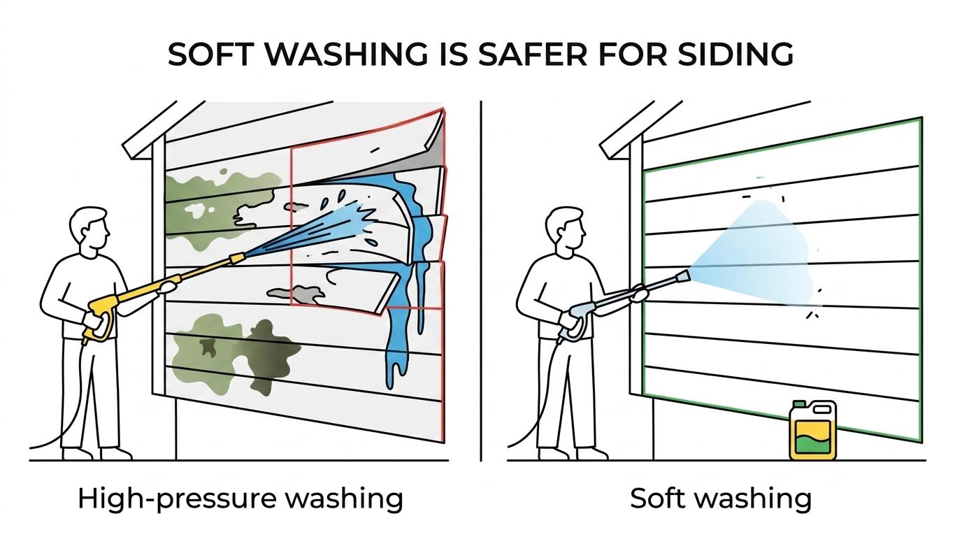 Side-by-side comparison of soft washing house siding with low-pressure detergent application versus high-pressure washing that can force water behind panels.