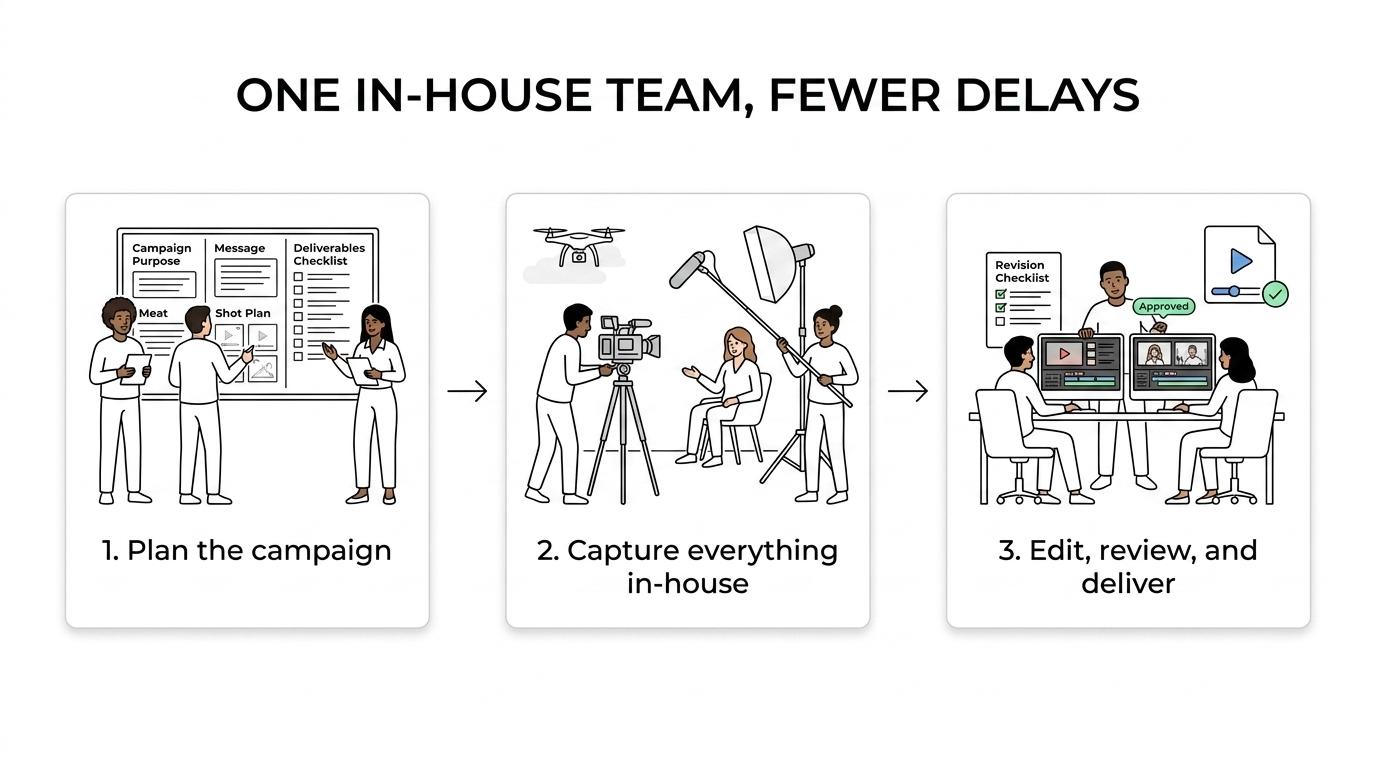 Three-stage process graphic showing pre-production, production, and post-production for a commercial video campaign.