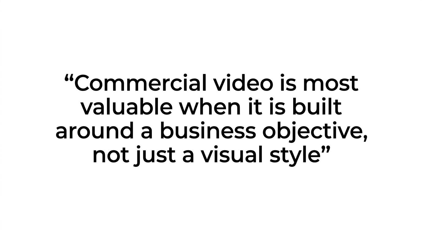 Quote highlight featuring the message that commercial video is most valuable when built around a business objective, not just a visual style.