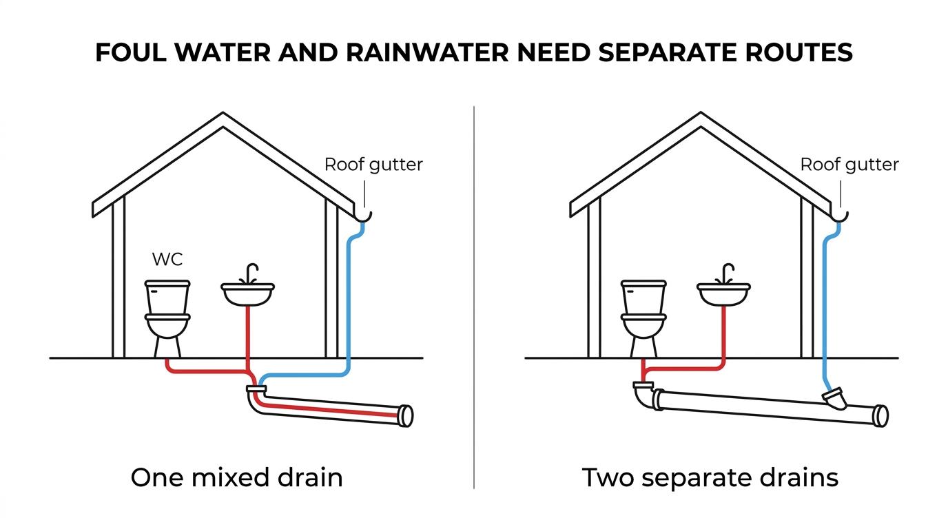 Side-by-side comparison of foul-water drainage and surface-water drainage for a new build, showing typical sources and outlet routes.