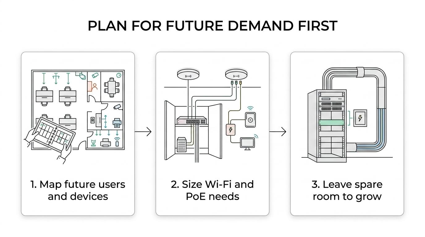 Three-step diagram showing office cabling planning: forecast future users and devices, calculate wireless and PoE needs, and reserve space in closets, racks, and conduits.