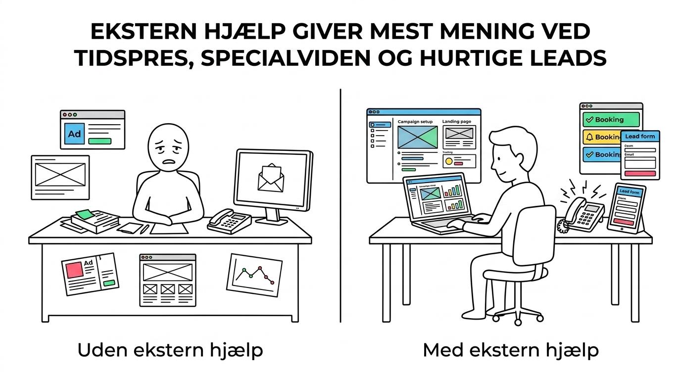 Side-by-side comparison of intern and ekstern markedsføring for a small service business, highlighting differences in time, specialist skills, speed, flexibility and lead generation.