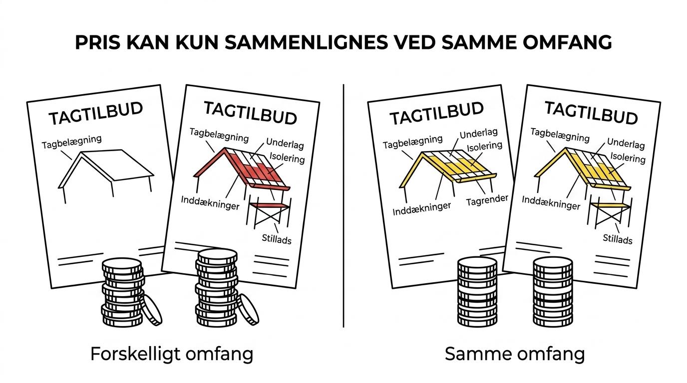Sammenligning af to tagtilbud med forskellige inkluderede poster som undertag, isolering, inddækninger, stillads og affald.
