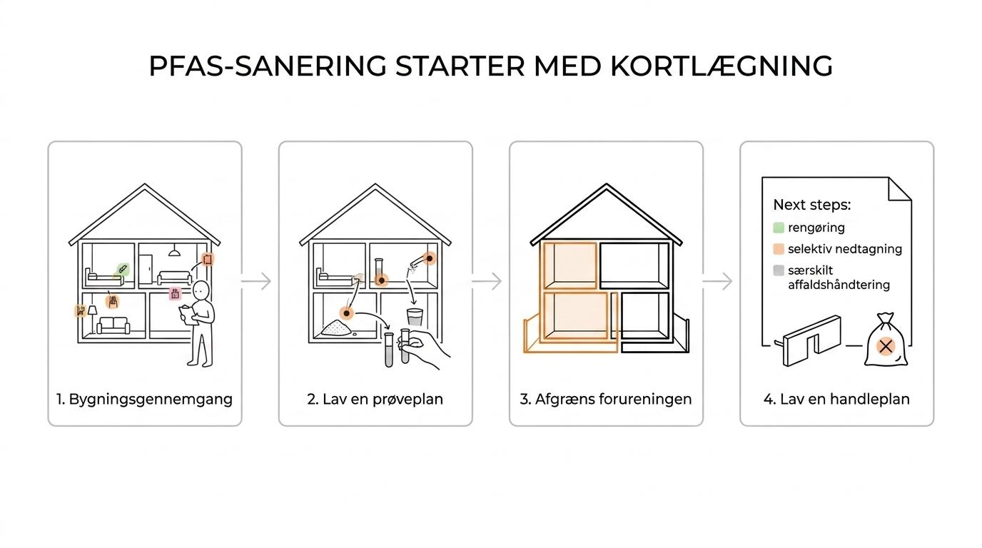 Illustration af et trinvis PFAS-saneringsforløb i en bolig fra kildesporing og prøvetagning til selektiv fjernelse, affaldshåndtering og dokumentation.