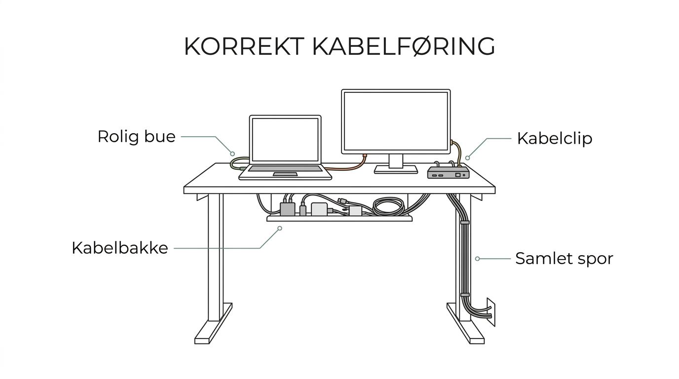 Illustration af et skrivebord med mærkede kabelzoner: clips ved enheder, kabelbakke under bordet, samlet føring langs bordben og frit gulv.