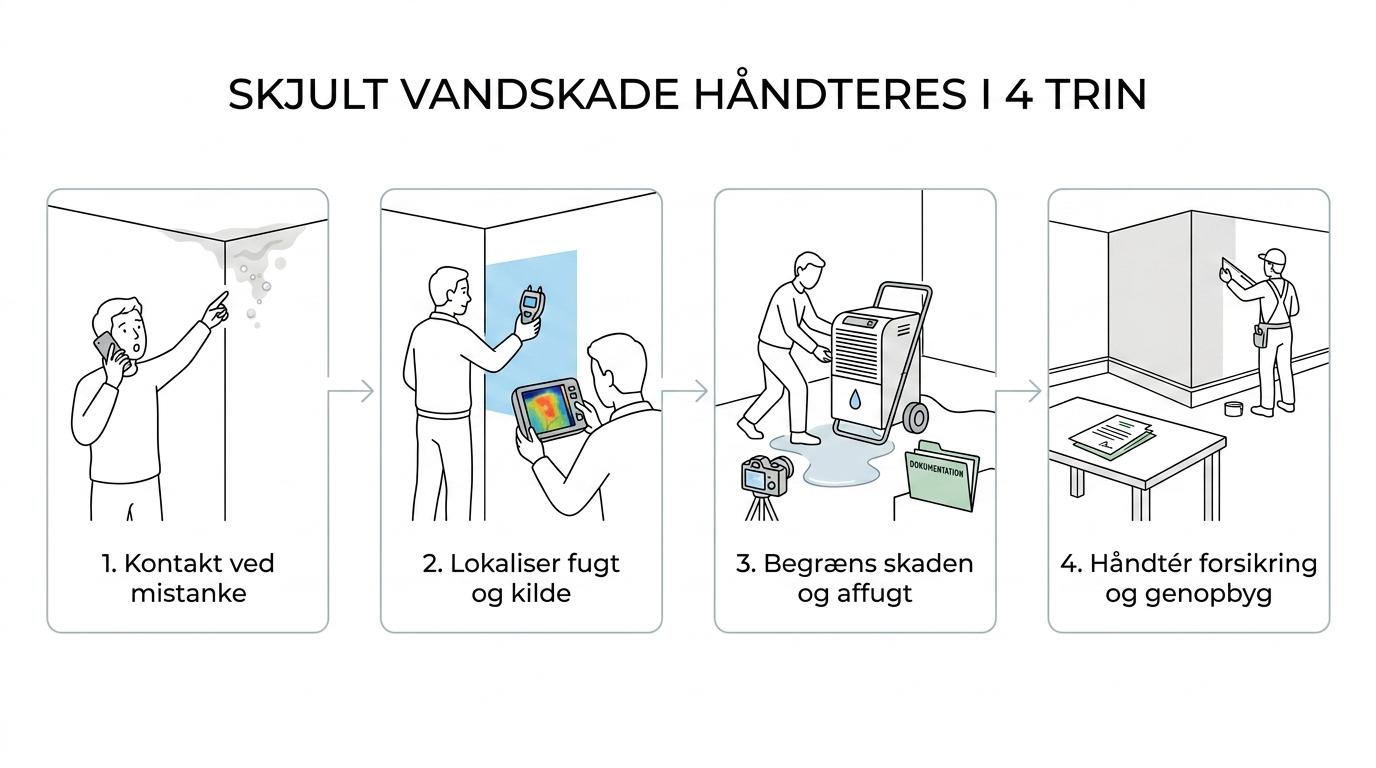 Fire trin viser forløbet fra kontakt om skjult vandskade til undersøgelse, affugtning, forsikringsdialog og genopbygning.