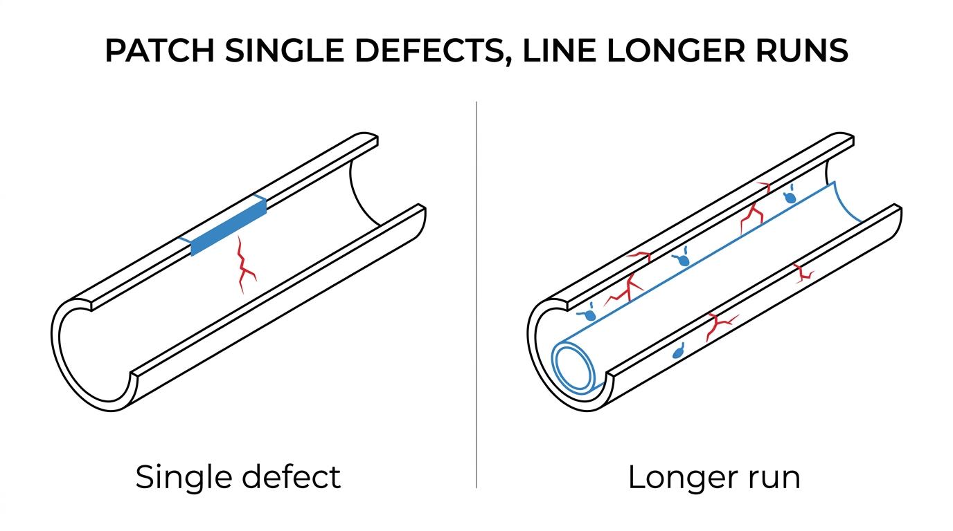 Comparison showing when cracked drains need patch repair, CIPP lining, or lateral connection repair.