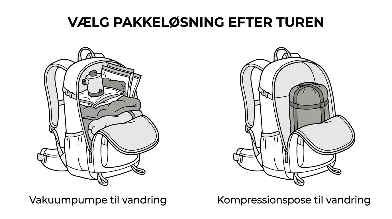 Side-by-side sammenligning af vakuumpumpe, pumpesæk, kompressionspose og tørpose med deres bedste anvendelser på tur.