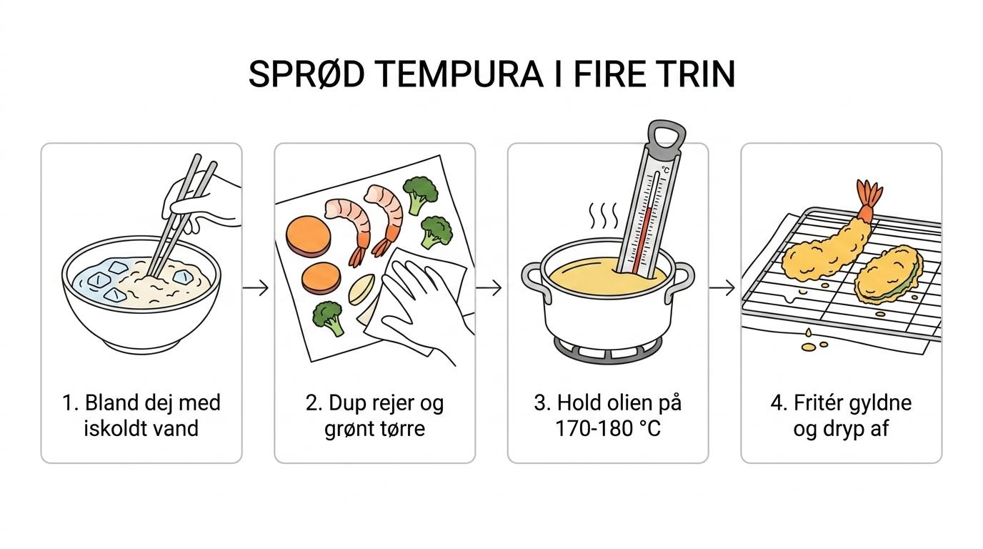 Trinvis oversigt over at lave sprød tempura med iskoldt vand, tørre råvarer, korrekt olievarme og afdrypning.