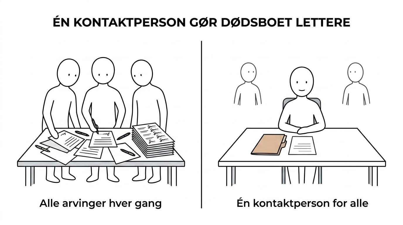 Sammenligning af dødsbobehandling uden skiftefuldmagt, hvor flere arvinger skal underskrive, og med skiftefuldmagt, hvor én kontaktperson håndterer processen.