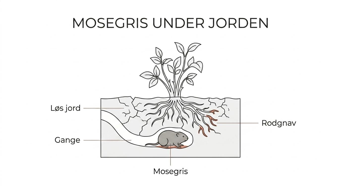 Tværsnit af et havebed med mosegrisgange, afgnavede rødder og løg samt planter, der visner ovenfor.