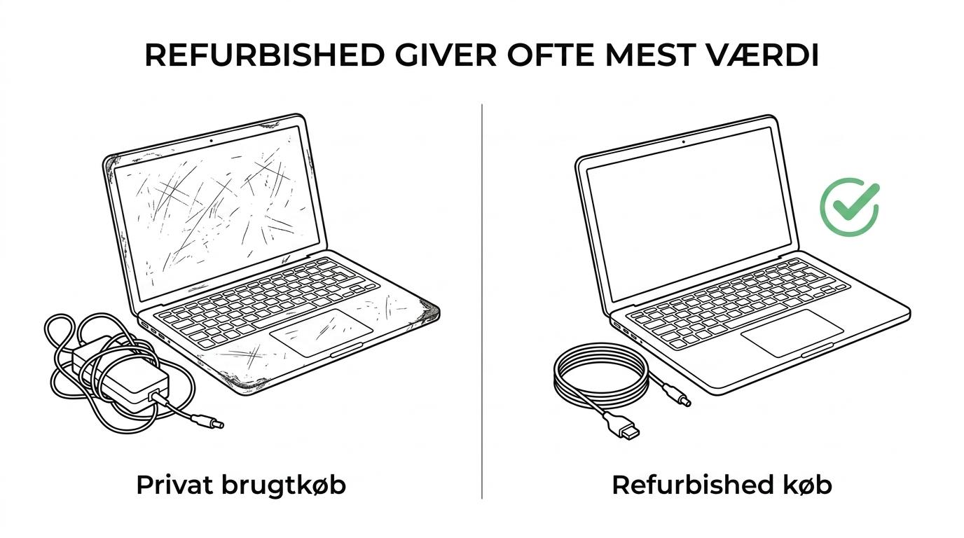 Sammenligning af fabriksny, refurbished og privat brugt computer med fokus på pris, tryghed og værdi.