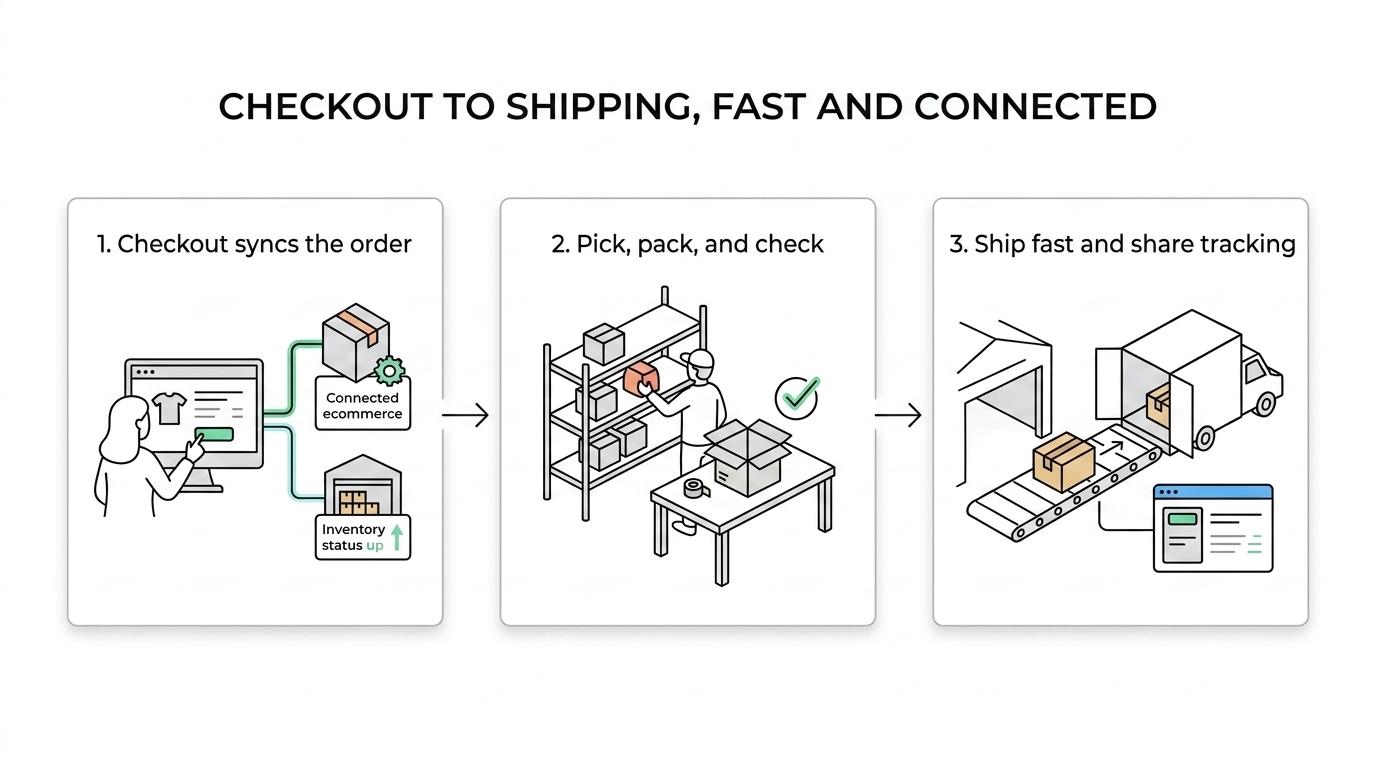 Flow of ecommerce fulfillment from inventory receiving and warehousing to pick and pack, shipping, and order tracking.