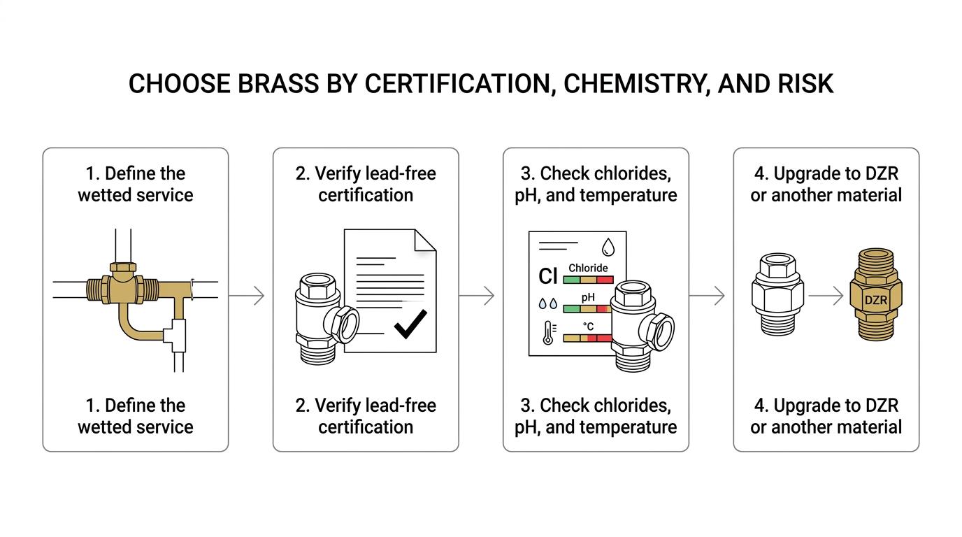 Decision flow for selecting brass in water service: identify potable contact, verify lead-free certification, review chloride, pH, temperature, and stagnation, then choose certified lead-free brass, DZR brass, or a different corrosion-resistant material.