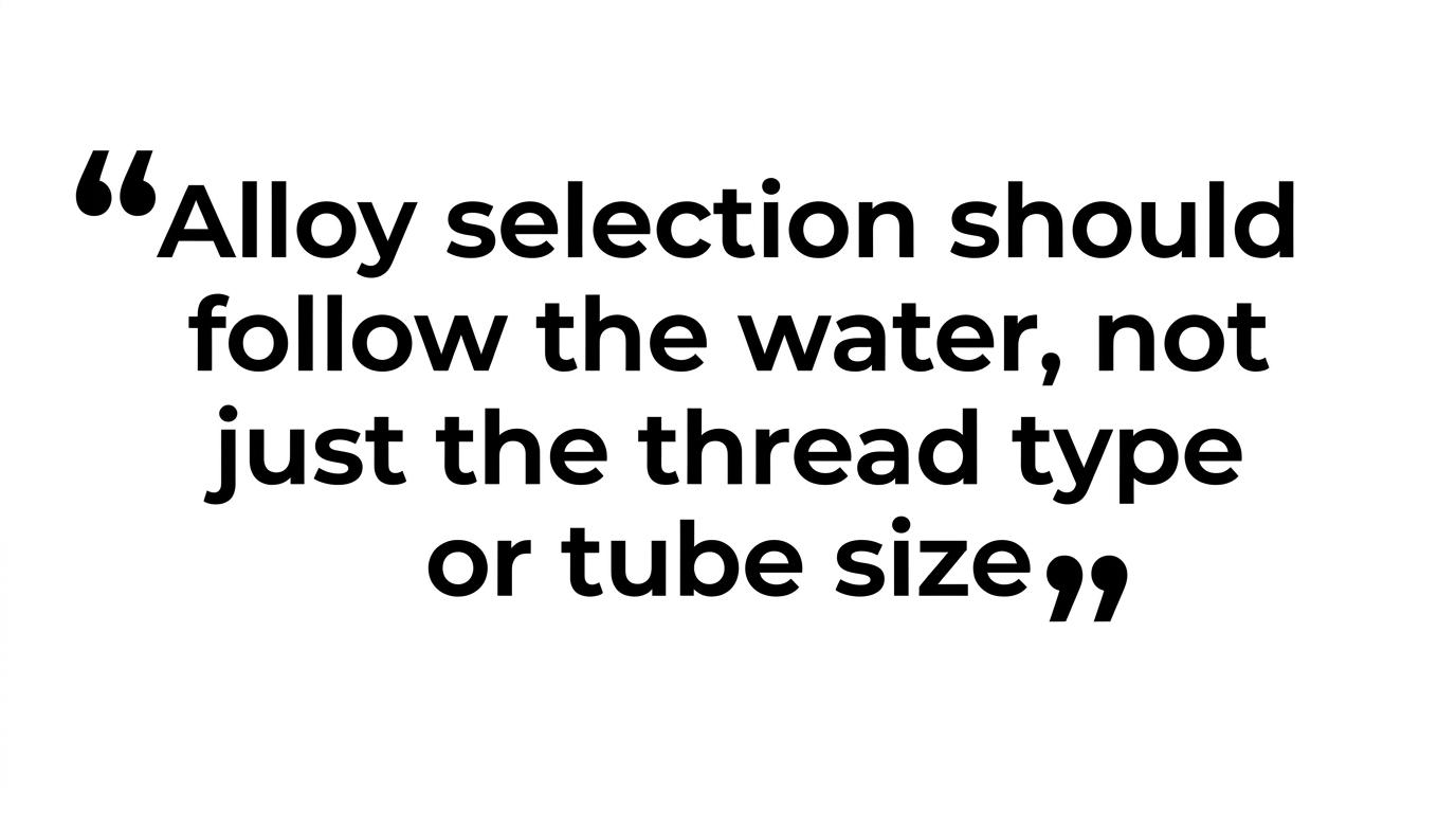 A highlighted quote reading: "That means alloy selection should follow the water, not just the thread type or tube size."