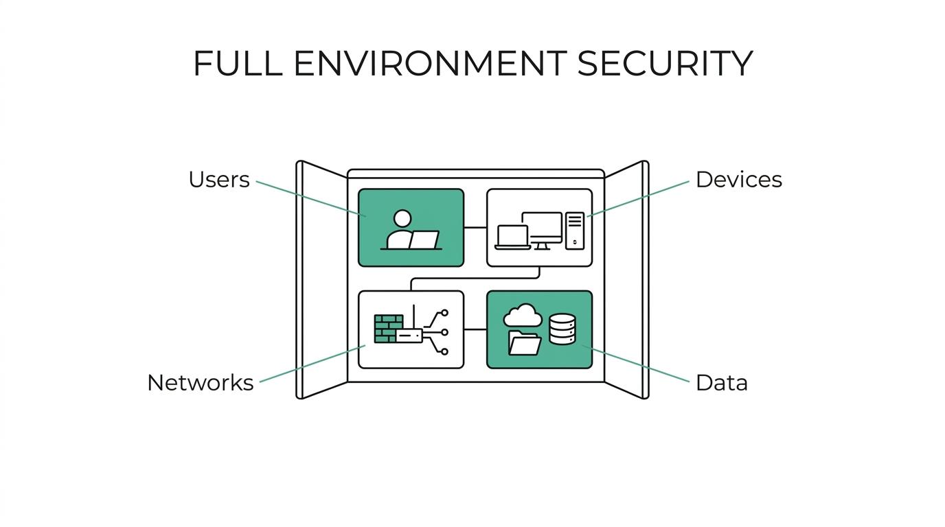 Diagram of a business cybersecurity environment with users, devices, Microsoft 365, email, firewall, remote access, internal network, and backup connected under managed protection.
