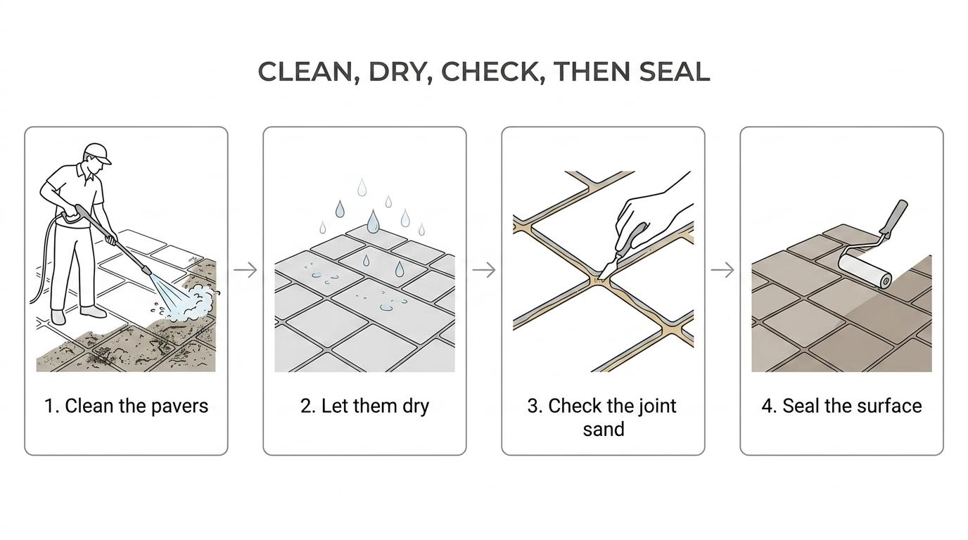 Four-step paver maintenance flow showing cleaning, drying, checking joint sand, and sealing on an outdoor paver surface.
