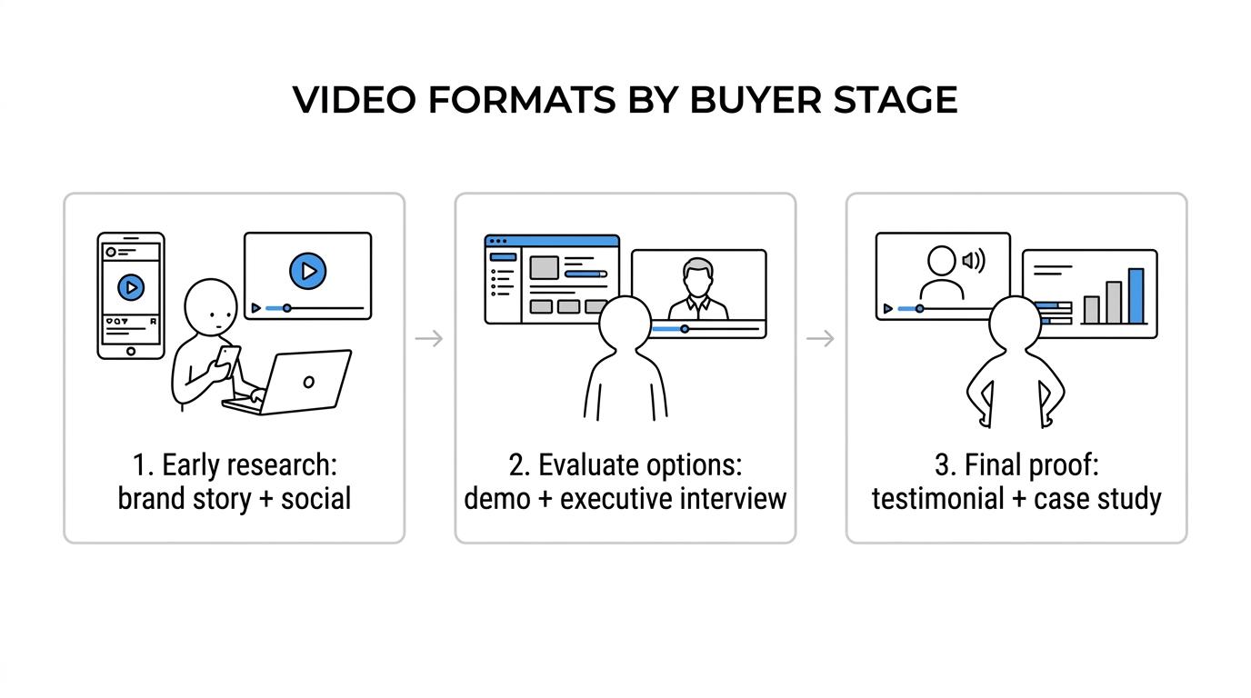 Three-stage buyer journey showing awareness, evaluation, and decision with matching video formats for each stage.