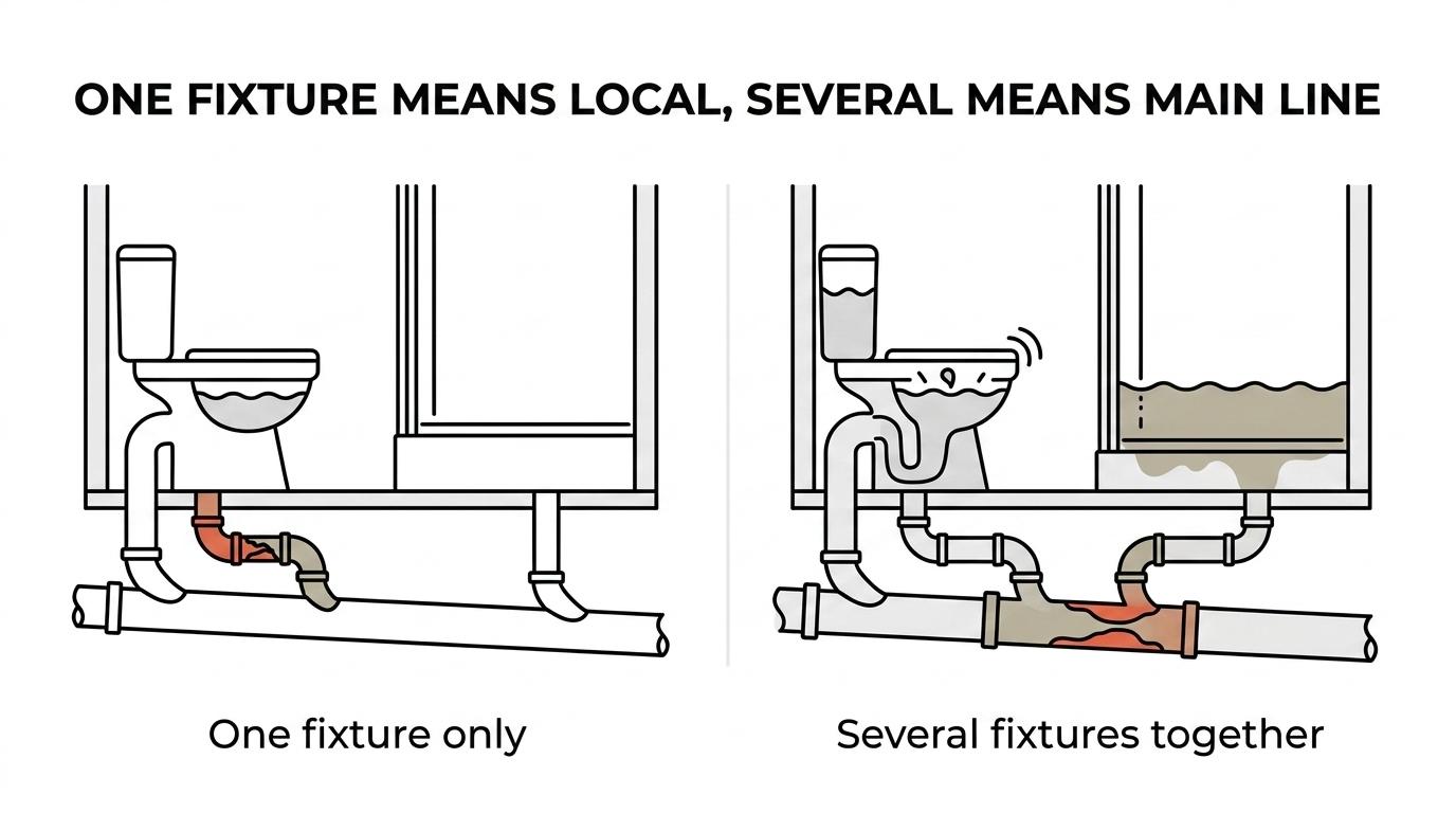 Side-by-side comparison of a single blocked fixture versus a main sewer line problem affecting a toilet, shower, floor drain, and outside manhole.