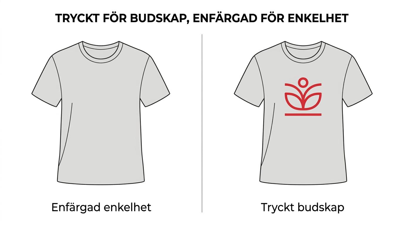 Jämförelse sida vid sida mellan en tryckt t-shirt och en enfärgad t-shirt med skillnader i syfte, känsla, produktionskomplexitet och typiska användningar.