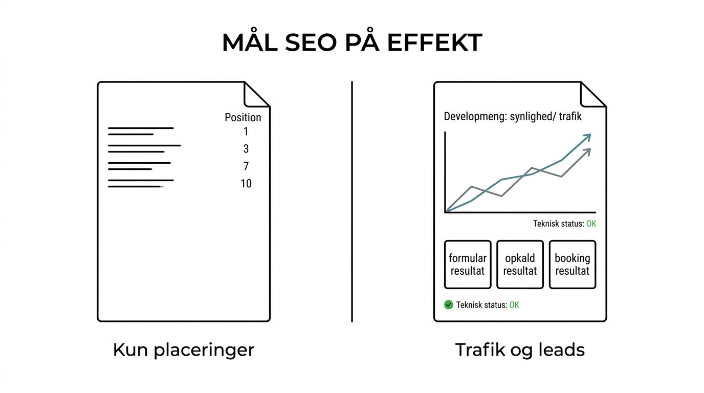 Side om side sammenligning af en simpel SEO-rapport med placeringer alene og en mere komplet rapport med synlighed, trafik, leads og teknisk status.