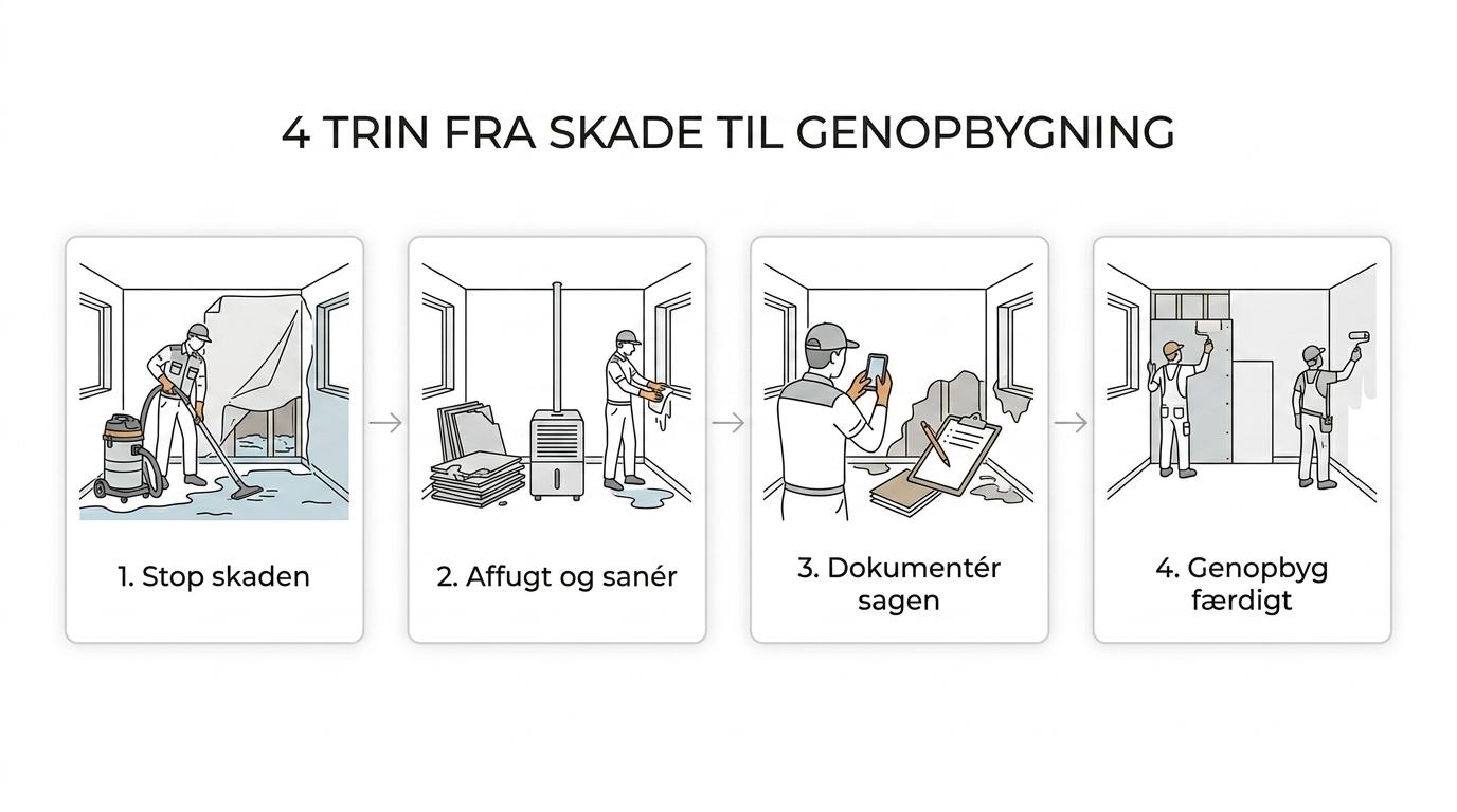 Fire trin i et forsikringsskadeforløb: akut indsats, affugtning og sanering, forsikringshåndtering og genopbygning.