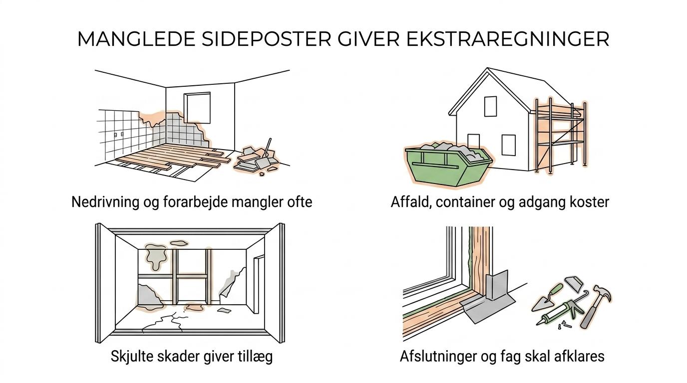 Oversigt over syv ofte glemte poster i tilbud på totalrenovering, som kan udløse ekstraregninger.