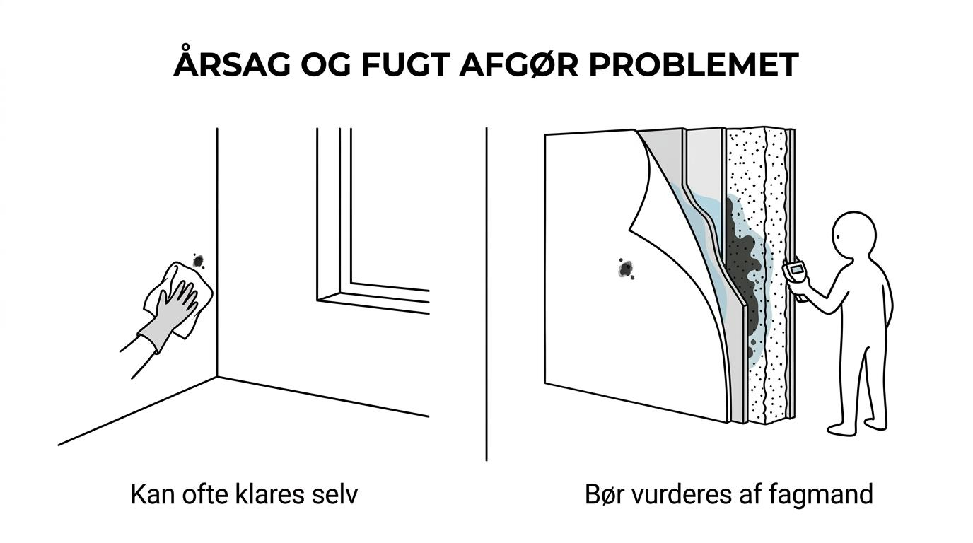 Side-by-side sammenligning af mindre overfladisk skimmel, der kan håndteres selv, og tegn på skimmelproblemer der kræver fagmand.