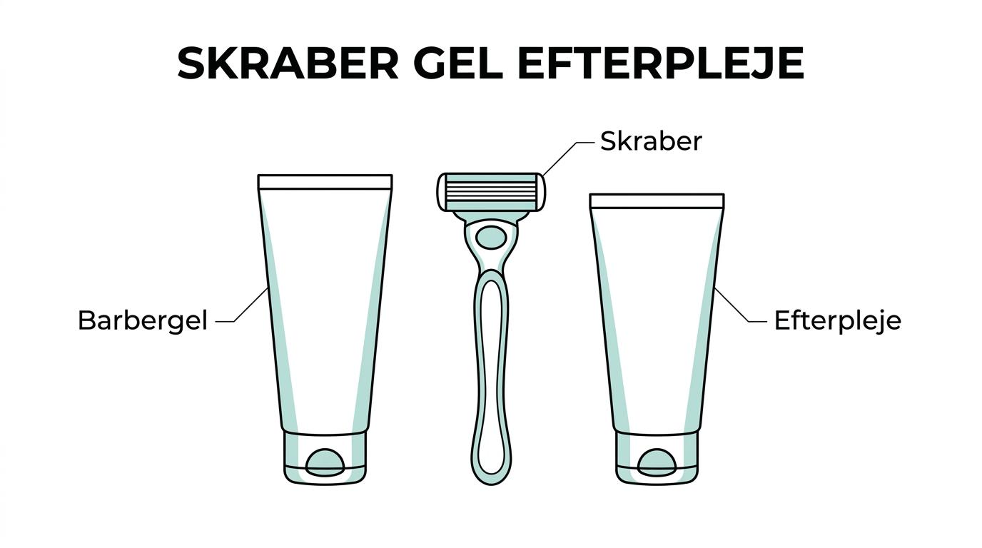 Oversigt over ShaveSafes barberingsløsning med skraber, parfumefri gel, efterpleje og friske blade som sammenhængende dele.