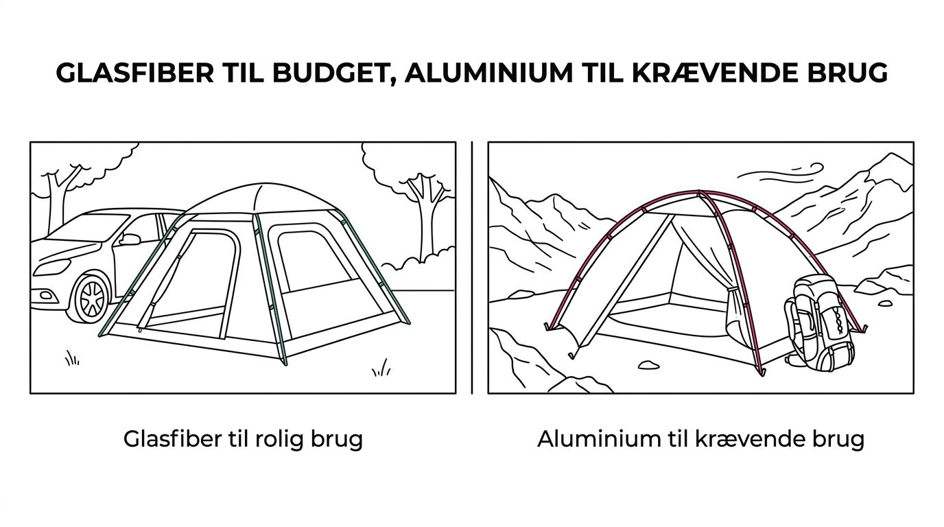 Sammenligning af glasfiber- og aluminiumsteltstænger med forskelle i pris, vægt, holdbarhed og typisk brug.