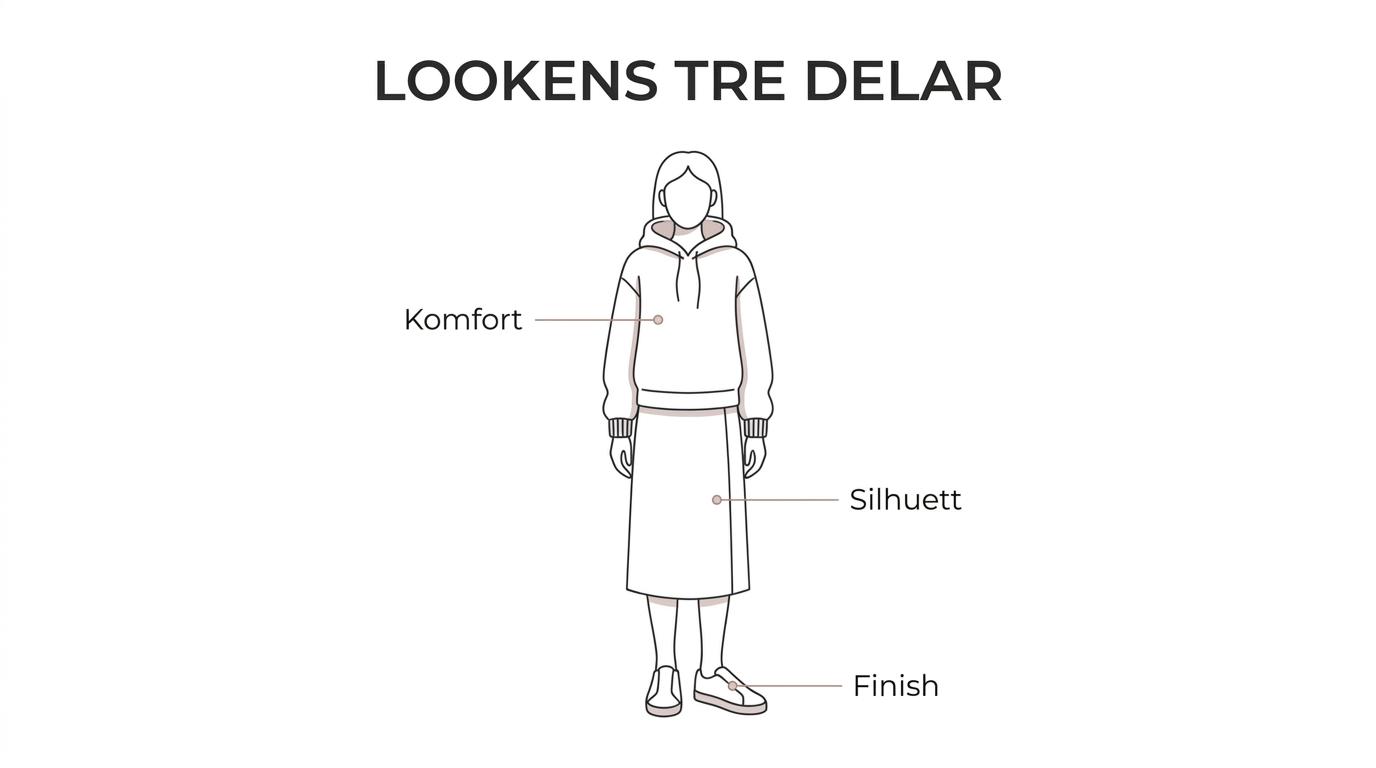 Labeled breakdown of a hoodie outfit showing how the hoodie, bottom and sneakers each shape the final style.