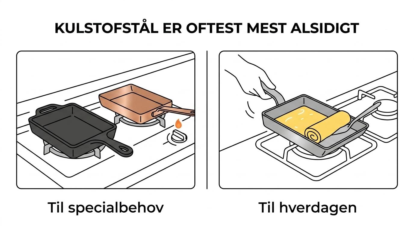 Sammenligning af tamagoyaki-pander i kulstofstål, støbejern og kobber med forskelle i varme, vægt, induktion og vedligeholdelse.
