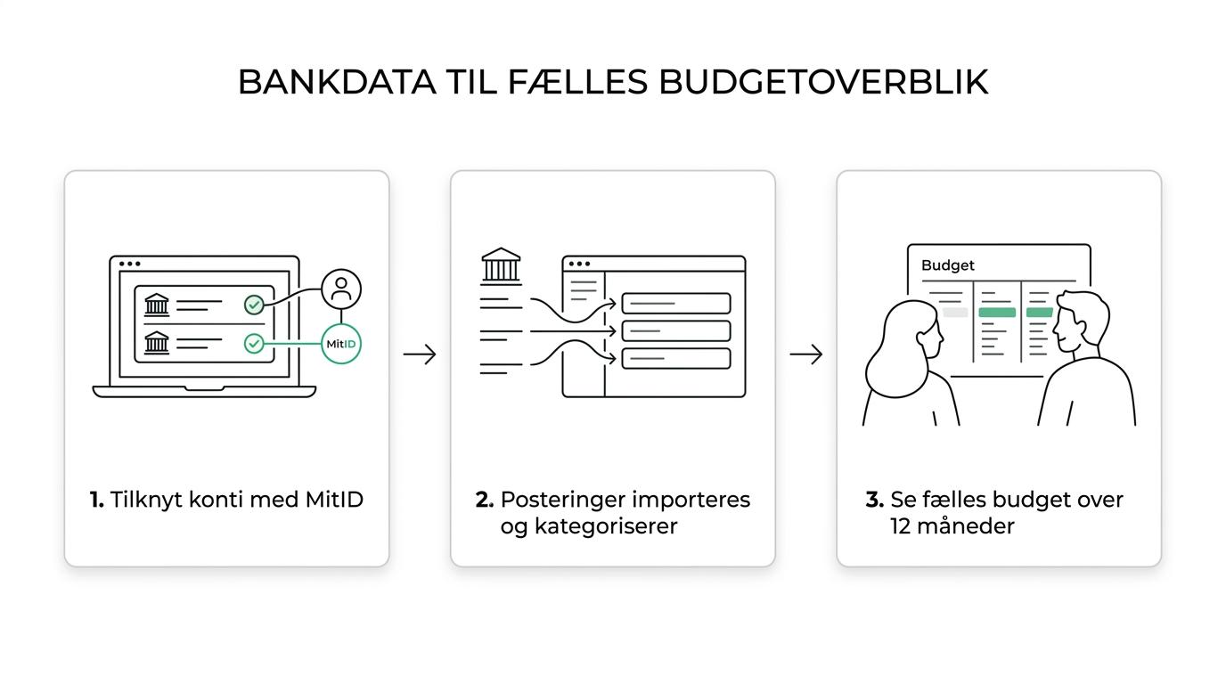 Procesgrafik, der viser konto-tilknytning, automatisk import og kategorisering, 12-måneders budgetoverblik og fælles økonomisk indsigt.